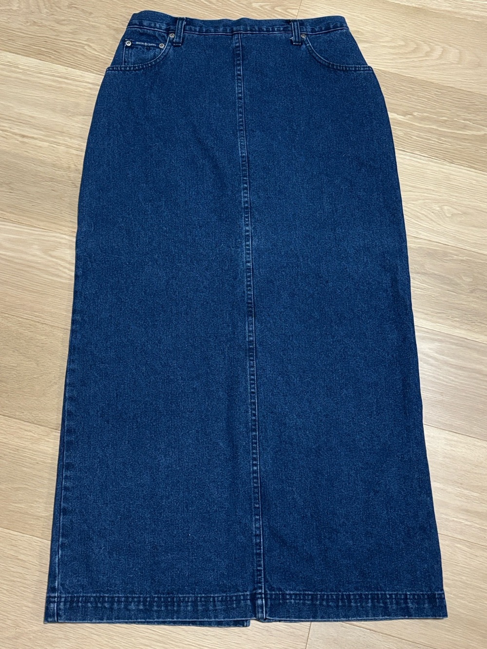Vintage Simon Chang (12) Dark Wash Denim Maxi Skirt Back Slit 100% Cotton - Picture 13 of 15